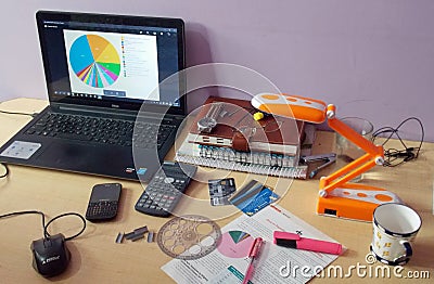 Messy chaos office desk planning annual financial budget calculator mobile credit cards Editorial Stock Photo