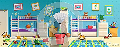 Messy Children Room Before After Vector Illustration