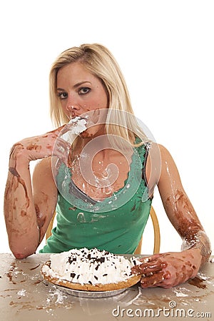 Messy chocolate woman taste whipped cream Stock Photo