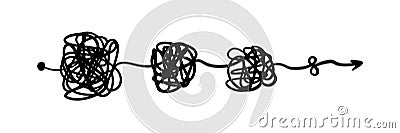 Messy clew symbols for chaos and simplifying concept. Scribble line, knot shapes. Concept from complicated to simple Vector Illustration