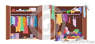 Messy clothes wardrobe. Modern interior storage with opening and closed organized wardrobe vector set Vector Illustration