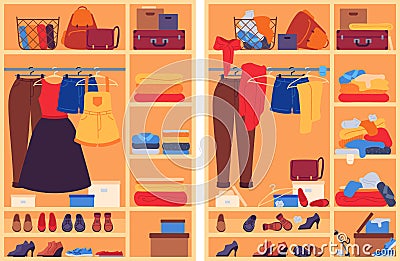 Messy clothes in wardrobe. Open closet with messy, organized shoes and accessories, cloakroom before and after Vector Illustration