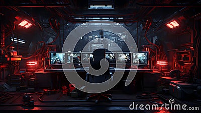 Messy and dark cyberpunk hacker hideout room. Neural network generated image Stock Photo