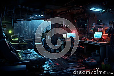 Messy and dark cyberpunk hacker hideout room. Neural network generated image Stock Photo
