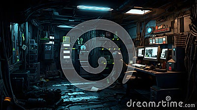 Messy and dark cyberpunk hacker hideout room. Neural network generated image Stock Photo