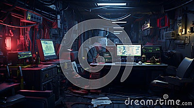 Messy and dark cyberpunk hacker hideout room. Neural network generated image Stock Photo