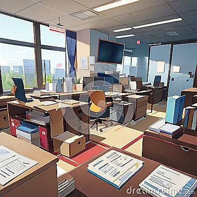 Messy, disorganized office, cute simple anime style illustration Cartoon Illustration