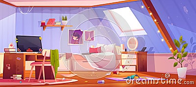 Messy girl bedroom interior on attic Vector Illustration