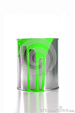 Messy green paint pail Stock Photo