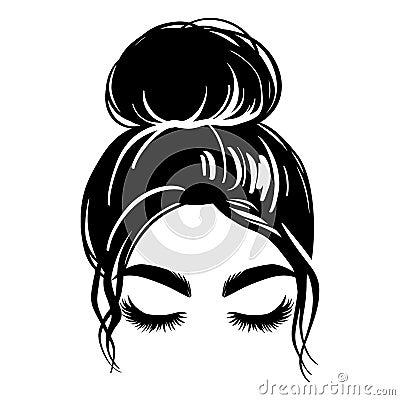 Messy hair bun, vector woman silhouette. Beautiful girl drawing illustration. Female hairstyle. Vector Illustration