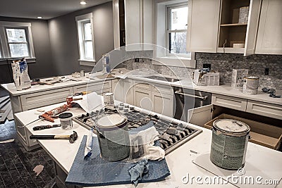 Messy home kitchen during remodeling fixer upper with kitchen cabinet doors Stock Photo