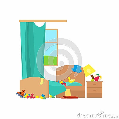Messy kids bedroom flat vector illustration. Vector Illustration