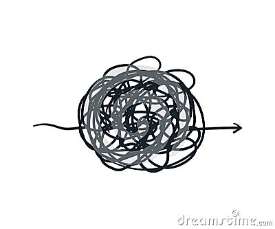 Messy line process. Chaos arrow path. Vector scribble mind sketch. Psychotherapy problem concept Vector Illustration