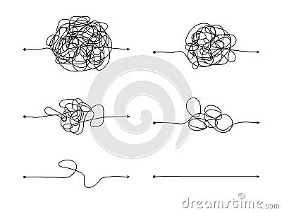 Messy lines. Complex way to easy scribbled round chaos, difficult route line. Tangle, process start way and finish Vector Illustration
