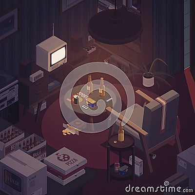 Messy living room interior with television and chair Cartoon Illustration