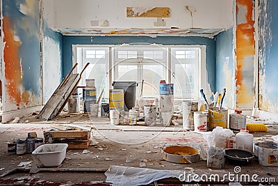 Messy living room under renovation, repainting and painting the walls Stock Photo