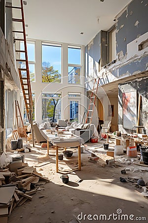 Messy living room under renovation, repainting and painting the walls Stock Photo