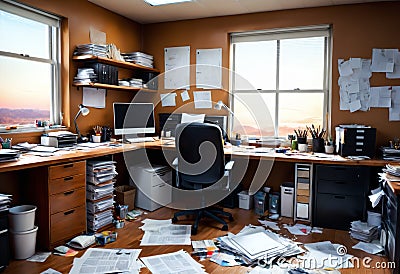 messy office with lots of papers. Generative AI Stock Photo
