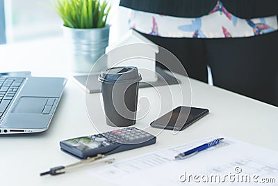 Office table calculator and computer Stock Photo