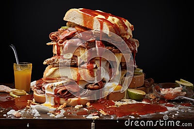 a messy, overflowing sandwich with sauce dripping Stock Photo
