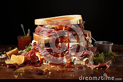 a messy, overflowing sandwich with sauce dripping Stock Photo