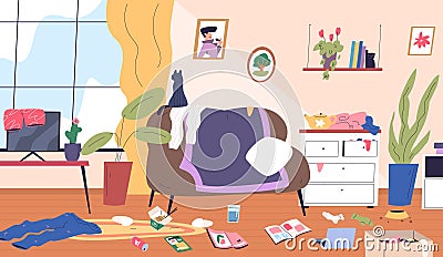 Messy room. Messed sofa livingroom cluttered home apartment interior, dirty broken house mess socks clothes chaos Vector Illustration