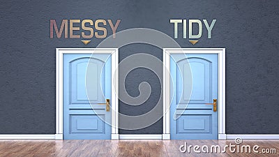 Messy and tidy as a choice - pictured as words Messy, tidy on doors to show that Messy and tidy are opposite options while making Cartoon Illustration