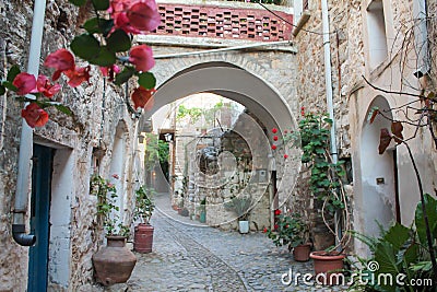 Mesta Village street view in Chios Island. Stock Photo