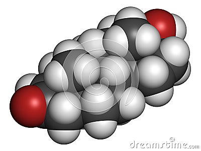 Mesterolone androgen molecule. 3D rendering. Atoms are represented as spheres with conventional color coding: hydrogen white,. Stock Photo