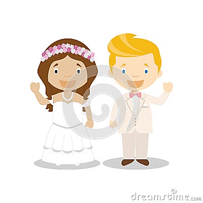 Mestizo bride and caucasian bridegroom Interracial newlywed couple in cartoon style Vector illustration Vector Illustration