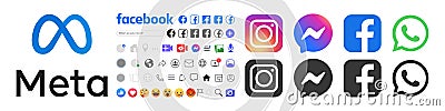 Meta logo. Meta, Facebook rebrand concept. Meta icon in blue color. Social media. Messenger, Instagram, WhatsUp logos. Text. Kyiv Vector Illustration