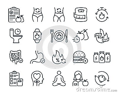 Metabolism Set Line Icon. Good Nutrition and Burn Calories Concept Linear Pictogram. Weight Control and Body Care Vector Illustration