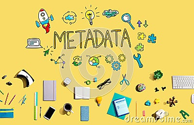 Metadata with electronic gadgets and office supplies Stock Photo