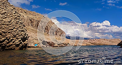 Metajna, island of Pag. Famous Beritnica beach in amazing stone desert scenery, Dalmatia region of Croatia, sunny day Stock Photo