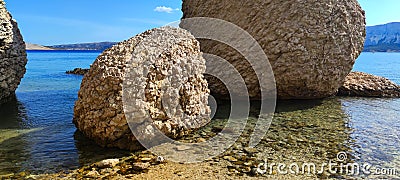 Metajna, island of Pag. Famous Beritnica beach in stone desert amazing scenery aerial view, Dalmatia region of Croatia, close-up Stock Photo