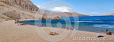 Metajna, island of Pag. View of the famous Beritnica beach in the stone desert amazing scenery aerial view, Dalmatia region of Editorial Stock Photo