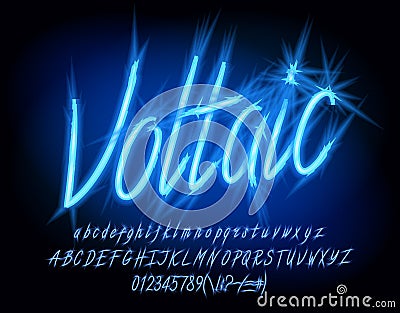 Voltaic alphabet font. Electric script letters, numbers and punctuation. Vector Illustration