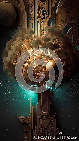 Metal abstract object tree in space structure from waves, particles fluids and spheres Cartoon Illustration