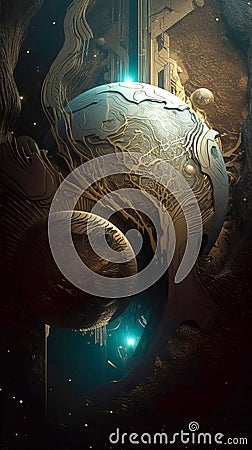 Metal abstract object tree in space structure from waves, particles fluids and spheres Cartoon Illustration