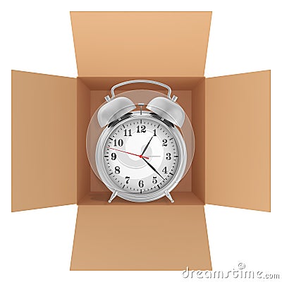 Metal alarm clock inside a cardboard box Stock Photo