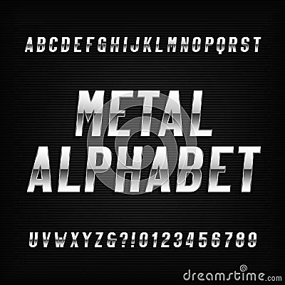 Metal alphabet font. Chrome effect letters and numbers on a dark background. Vector Illustration