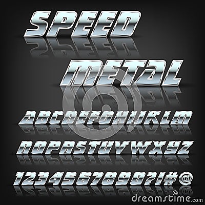 Metal alphabet and symbols with reflection and shadow. Font for design. Vector Illustration