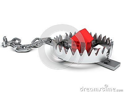 Metal animal trap with home on white Stock Photo