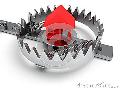Metal animal trap with home on white Stock Photo