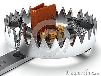 Metal animal trap with money isolated on white Stock Photo