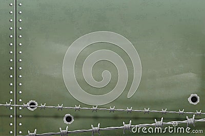 Metal background with holes from bullets and barbed wire Vector Illustration