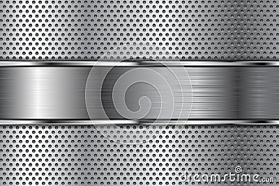 Metal background with perforation and brushed chrome plate Vector Illustration
