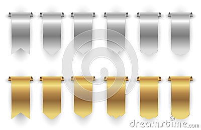 Metal banners. Gold silver ribbon isolated on white background. Hanging banners vector set Vector Illustration