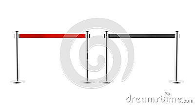 Metal barriers with red and black retractable belt fences front view. Portable ribbon stanchion stainless steel for Stock Photo