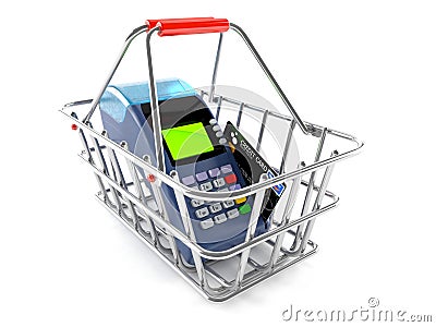 Metal basket with credit card reader Stock Photo
